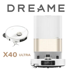 DREAME X40 Ultra Complete Robot Aspirateur avec Serpillière amovible et relevable, Brosse latérale surélevée,12 000 Pa,Serpillière et la Plaque de lavage avec de l'eau chaude à 70 C,Brosses relevables