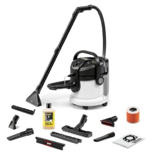 Karcher Injecteur/Extracteur SE 4, Tuyau 2 en 1 Flexible, Réservoir Eau Fraîche et Sale : 4 l, Suceurs Sol avec Embouts pour Sol Dur et pour Moquettes, Suceurs pour Fauteuils et pour Fentes