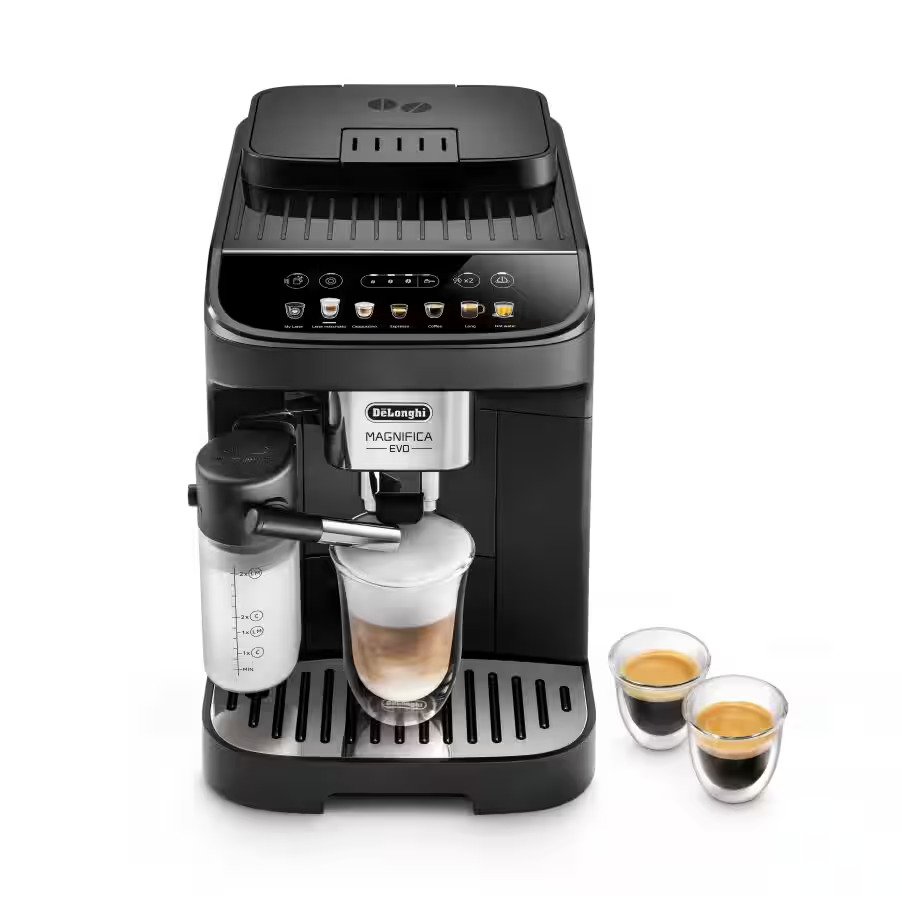 DeLonghi Magnifica Evo ECAM290.81.TB, Cafetière Automatique avec Mousseur de Lait, Taille Compacte Machine Grain, Mousseur de Lait Automatique, 7 Recettes, Affichage Tactile Doux Coloré, Titane/Noir