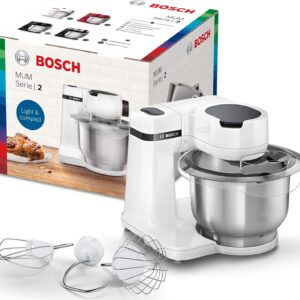 Bosch MUMS2EW00 MUM Series 2 food processor, stainless steel bowl, 3.8 litres, planetary mixer, dough hook, beater, whisk, stainless steel, 4 working levels, expandable with optional accessories, 700 watt, white