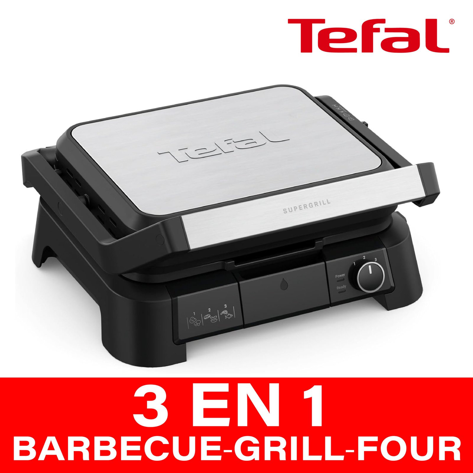 Tefal SuperGrill 3-en-1, Gril de contact, Appareil croque-monsieur et gril d'intérieur, Thermostat réglable, 3hauteurs possibles, 2000W, GC510DE0