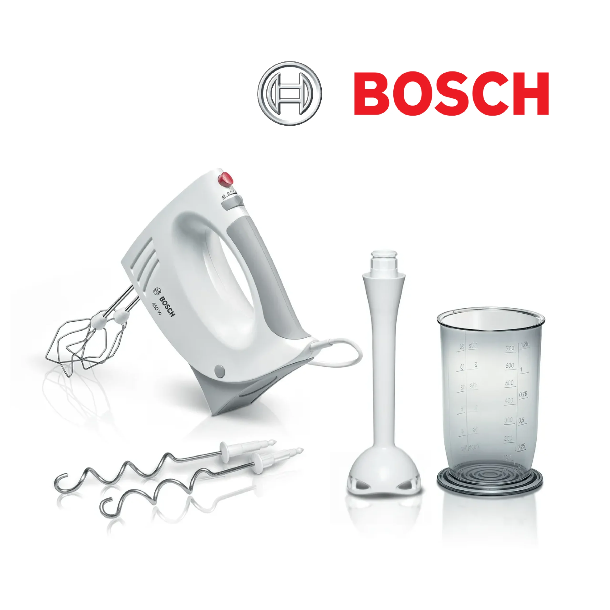 Bosch MFQ3540 – Batteur polyvalent avec plusieures accessoires – Puissance de 450 W – Couleur : Blanc/Gris