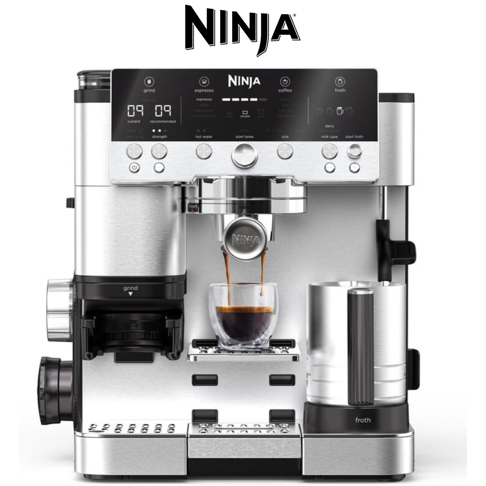 NINJA Machine à café Luxe Premier 3-en-1, Latte, Cappuccino, Infusion à froid et Espresso avec broyeur à grains et mousseur à lait intégrés, facile à utiliser, 4 préréglages mousse, argent, ES601EU
