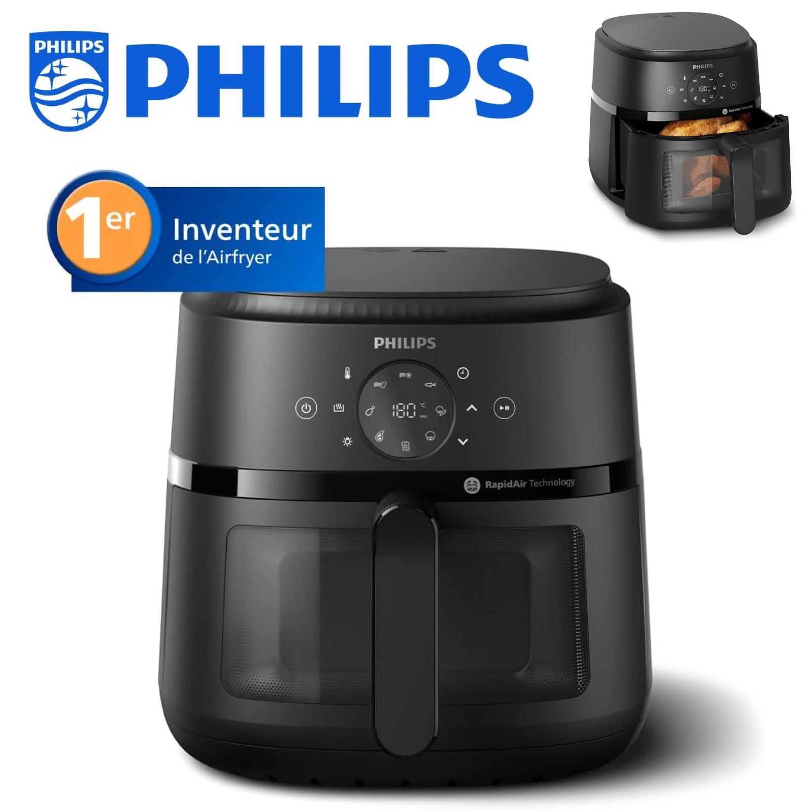 PHILIPS Air Fryer Série 2000-6.2L, 13 façons de cuisiner, technologie RapidAir, jusqu'à 90% de matières grasses en moins, fenêtre de cuisson, cuve de 6,2L, écran tactile, noir (NA230/00)