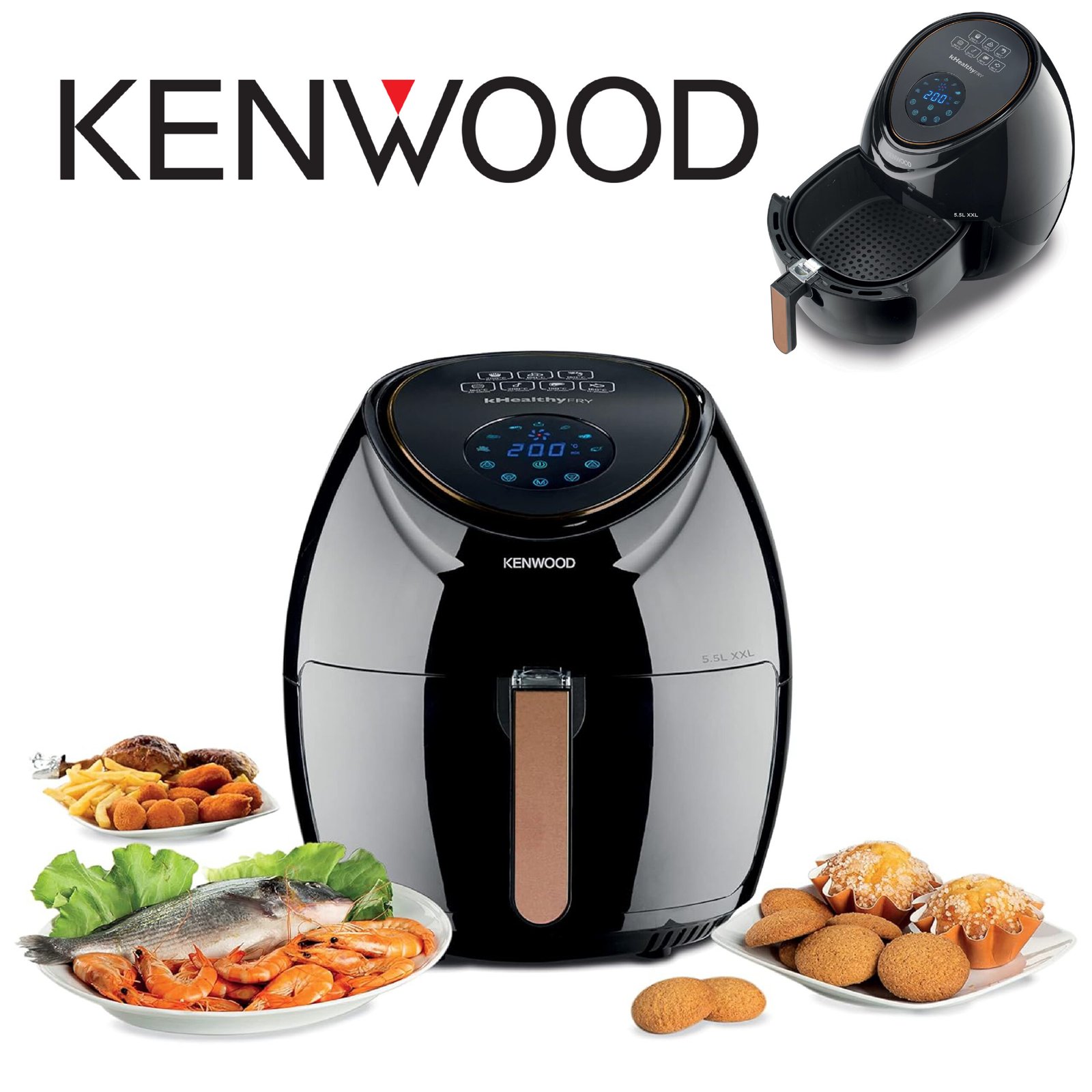 Kenwood Digital Air Fryer XXL 5.5L 2.4Kg 1800W With Rapid Hot Air Circulation For Frying, Grilling, Broiling, Roasting, Baking And Toasting Hfp50.000Bk