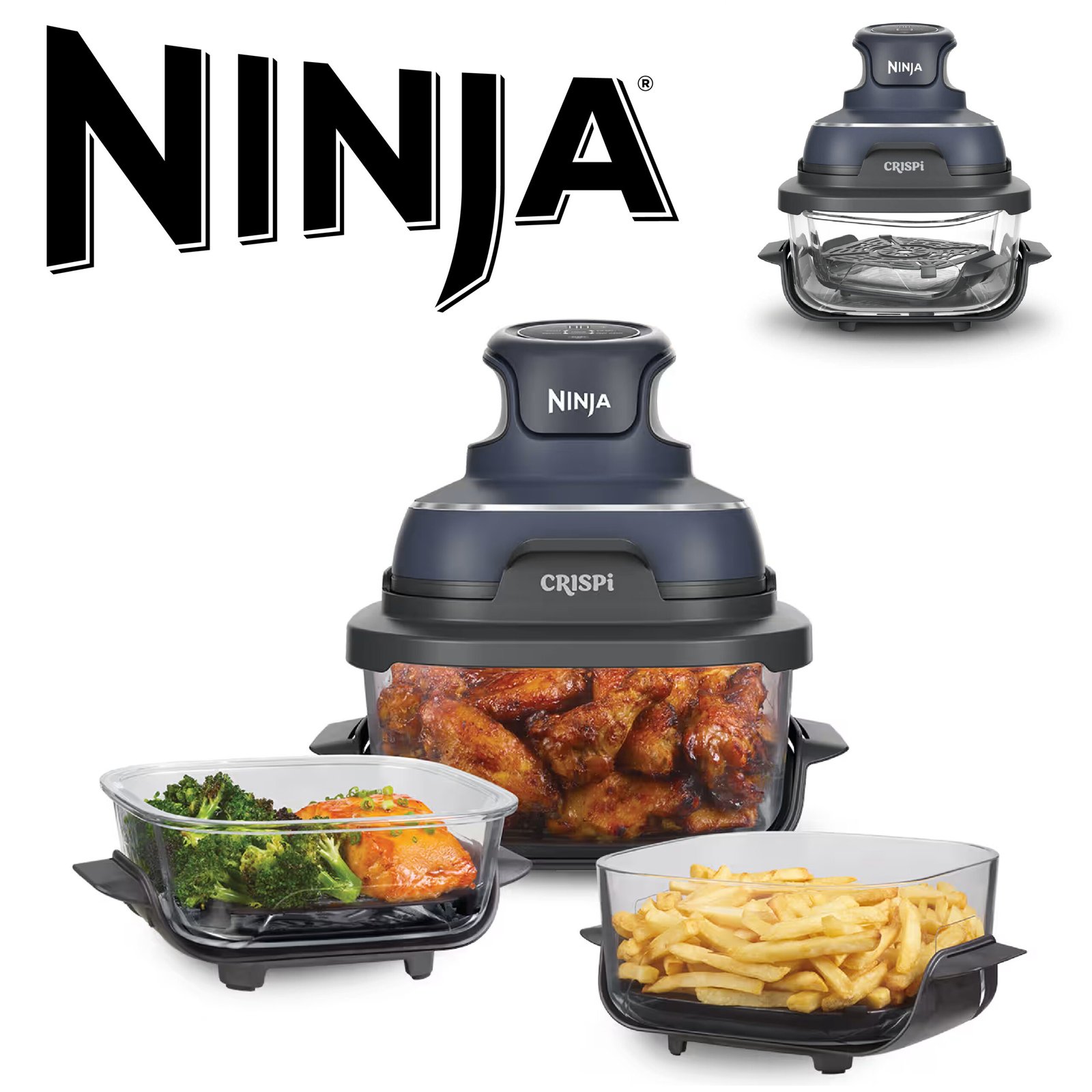 NINJA CRISPi SANS PFOA Air Fryer Design Compact, 2 Capacités Interchangeables en Verre avec Couvercles, Capacité 3,8L ou 1,4L, 4-en-1, Pièces Amovibles lavables au lave-vaisselle, Gris FN101EUGY