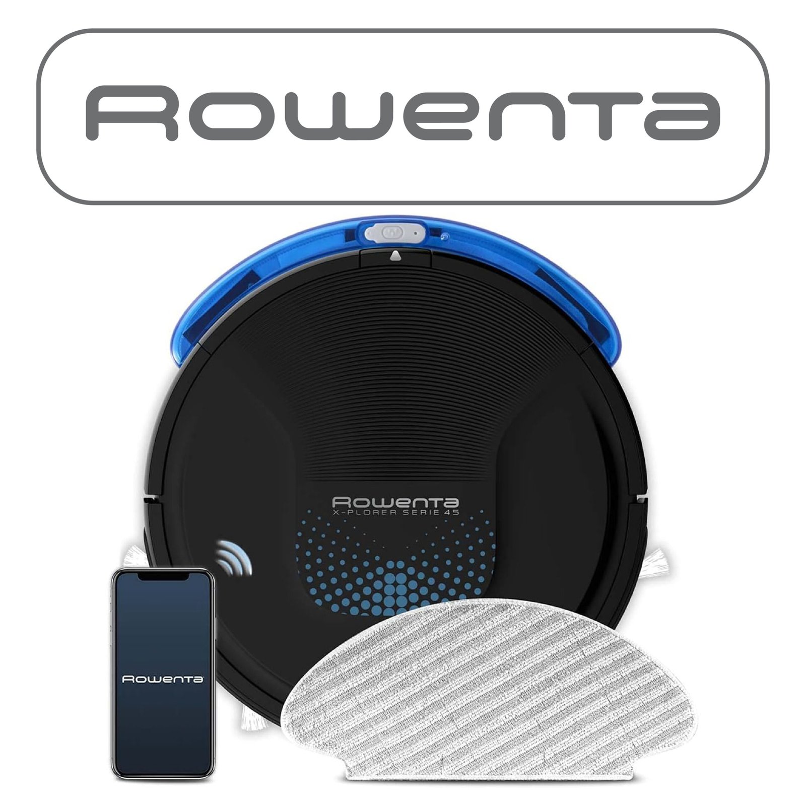 Rowenta Aspirateur robot, Aspire et lave les sols, 3 modes de navigation, Capteurs anti-chutes, Batterie lithium-ion durable, Autonomie de 150 minutes, X-Plorer S45 RR8275WH