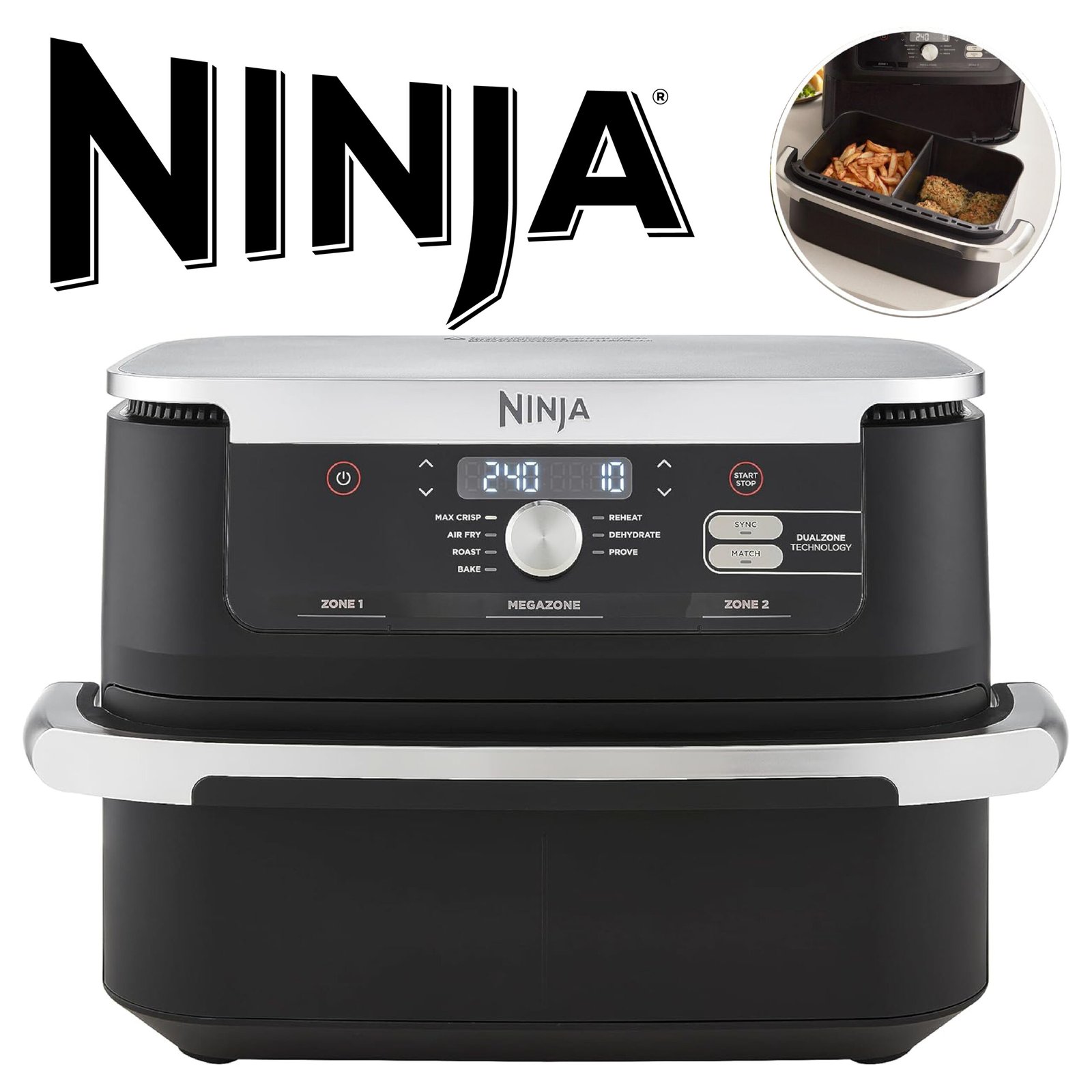 NINJA Foodi FlexDrawer Air Fryer 2 Compartiments Avec Séparateur Amovible, Grande Capacité 10.4L, Air Fryer 7-en-1, Max 240°C, Pièces Antiadhésives Amovibles Lavables Au Lave-Vaisselle, Noir