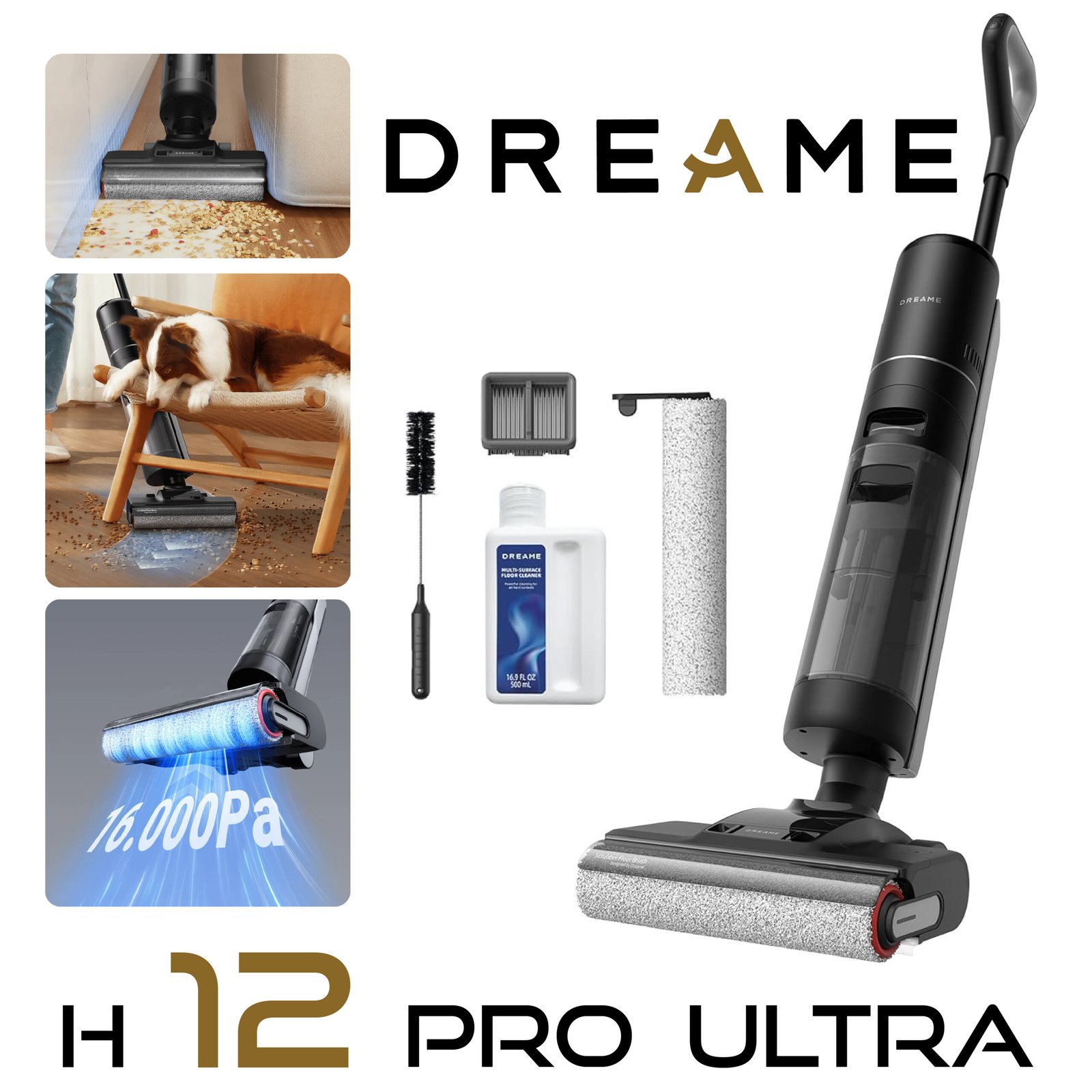 dreame H12 Pro Ultra Aspirateur Laveur sans Fil,Lavage 60 °C, Séchage 30 Min, Nettoyage Auto Double Rotation avec Racleur Résistant, Aspiration 16 000 Pa, Brosse 2 Bords, Détection Intelligents