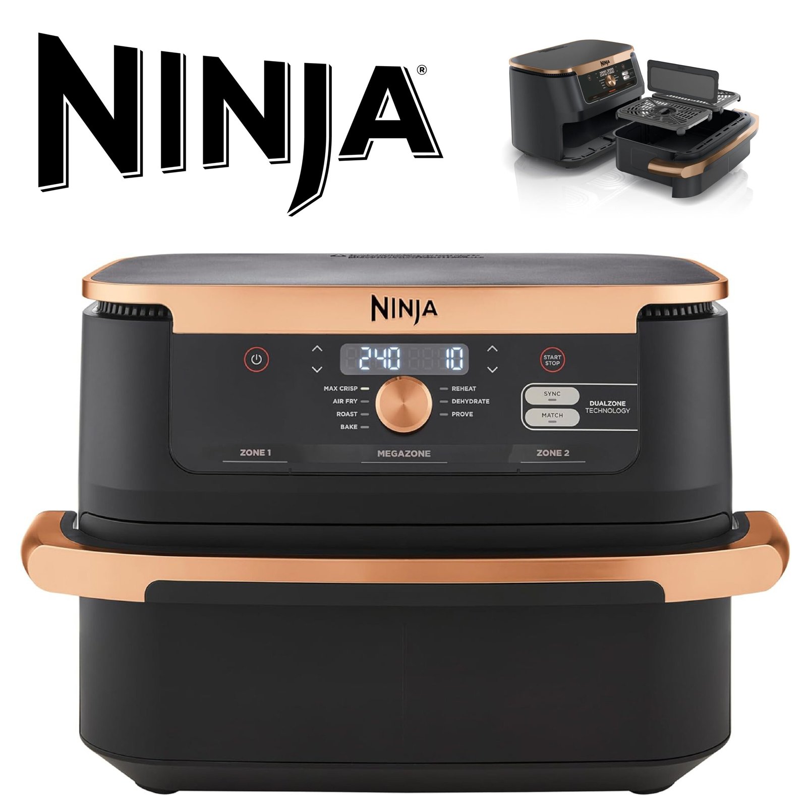 NINJA Foodi FlexDrawer Air Fryer, Dual Zone Avec Séparateur Amovible, Grand Tiroir de 10.4 L, 7-en-1, Double Zone, Pièces Antiadhésives Compatibles Au Lave-Vaisselle, Noir & Cuivre, AF500EUCP