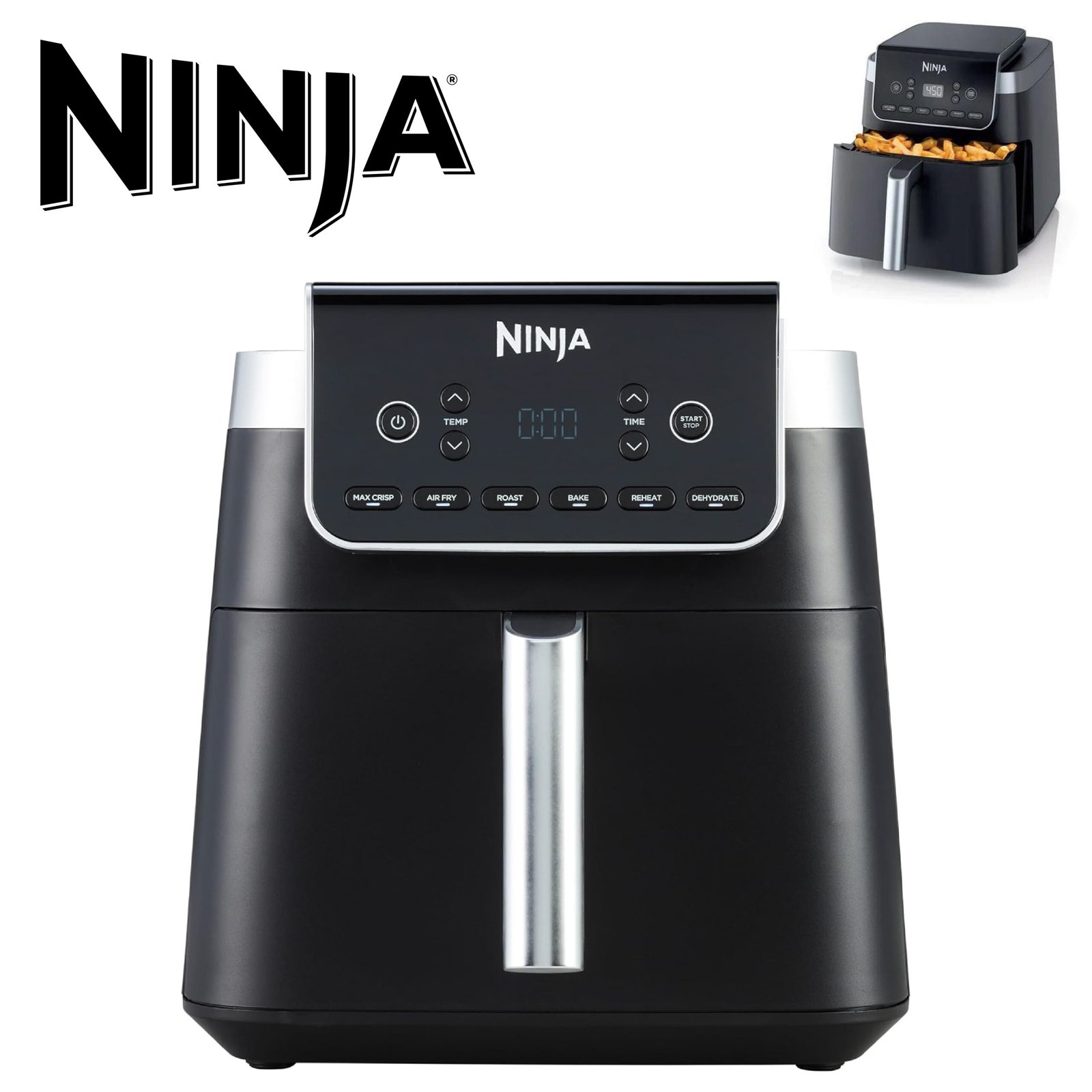Ninja Air Fryer MAX PRO, 6.2L, sans huile, grand tiroir, rôtir, cuire, frire, familial, numérique, produits congelés, antiadhésif, panier et plaque de cuisson compatibles lave-vaisselle, gris, AF180EU