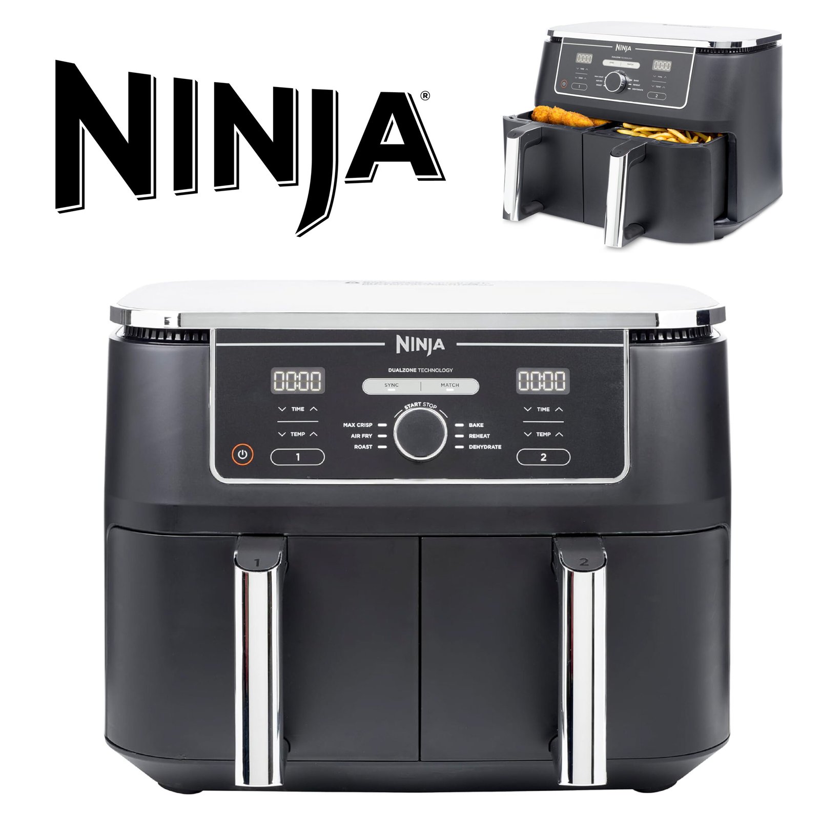 NINJA Foodi MAX Dual Zone Air Fryer, 2 Tiroirs, 9,5L, 6-en-1, Sans Huile, Air Fry, Croustillant Max, Rôtir, Cuire, Déshydrater, 8 Portions, Paniers Antiadhésifs Vont Au Lave-Vaisselle, Noir AF400EU