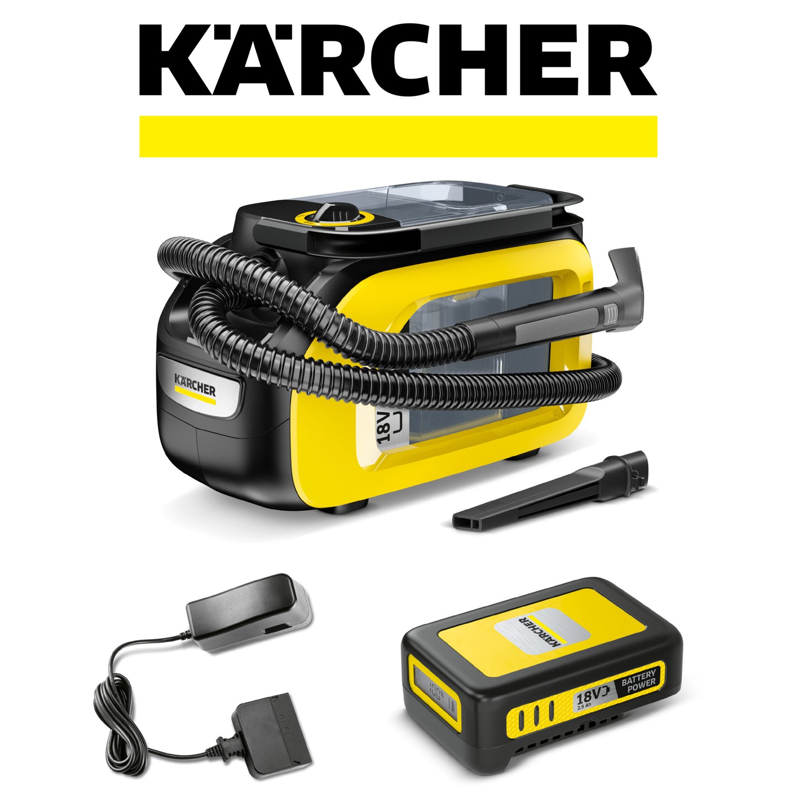 Kärcher SE 3-18 Compact Aspirateur Nettoyeur Canapé Moquette sans Fil, Puissance: 200 W, Surface: 6,5 m², Autonomie de la Batterie: 12-24 Min, Réservoir d'eau: 1,6 l, Batterie 18 V Non Incluse