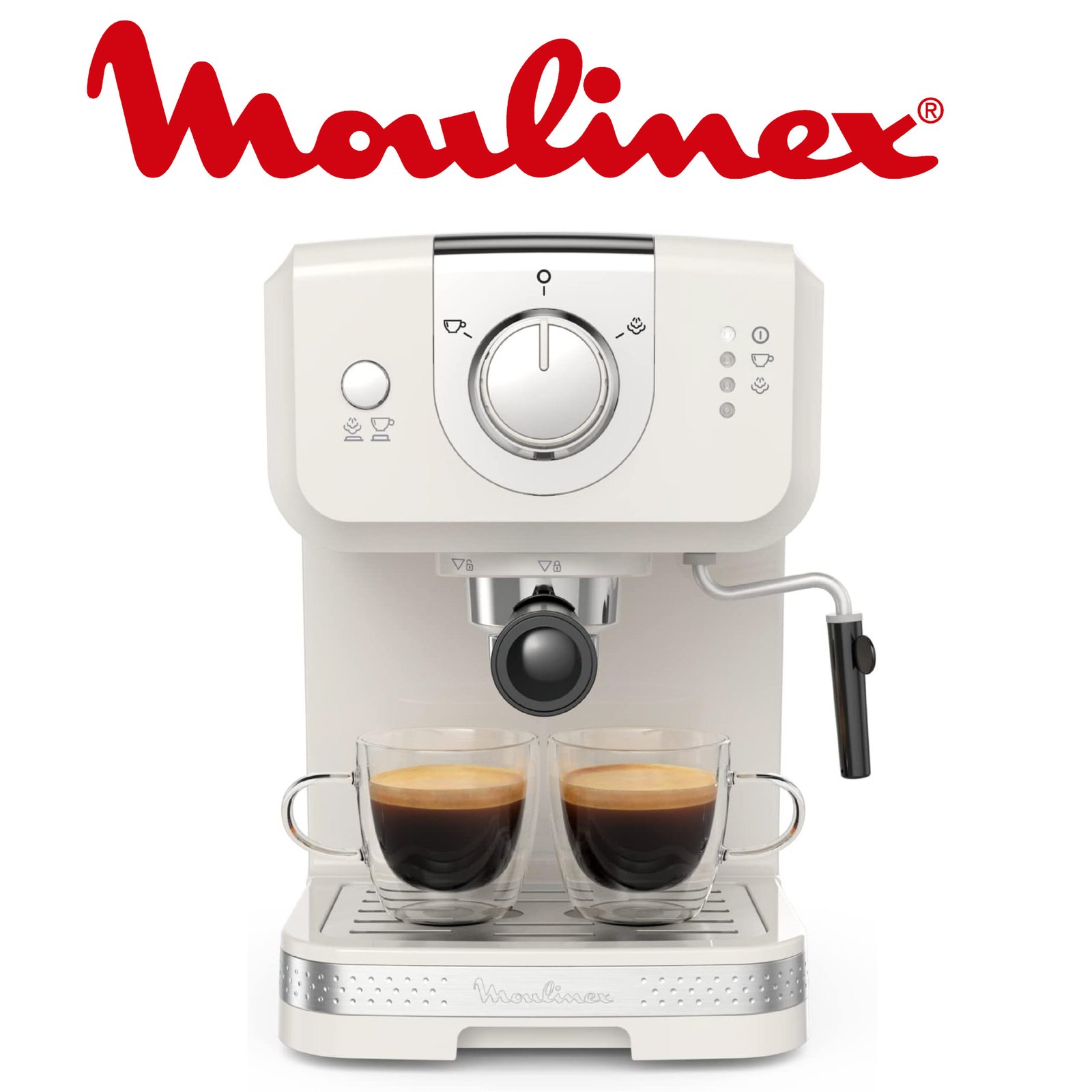 Moulinex Soleil Cafetière expresso à pompe, Réglages manuels, Pression pompe 15 bars, Buse mousseur à lait, Accessoires, Réservoir d'eau amovible 1,5 L, Porte-filtres simple et double XP330A10
