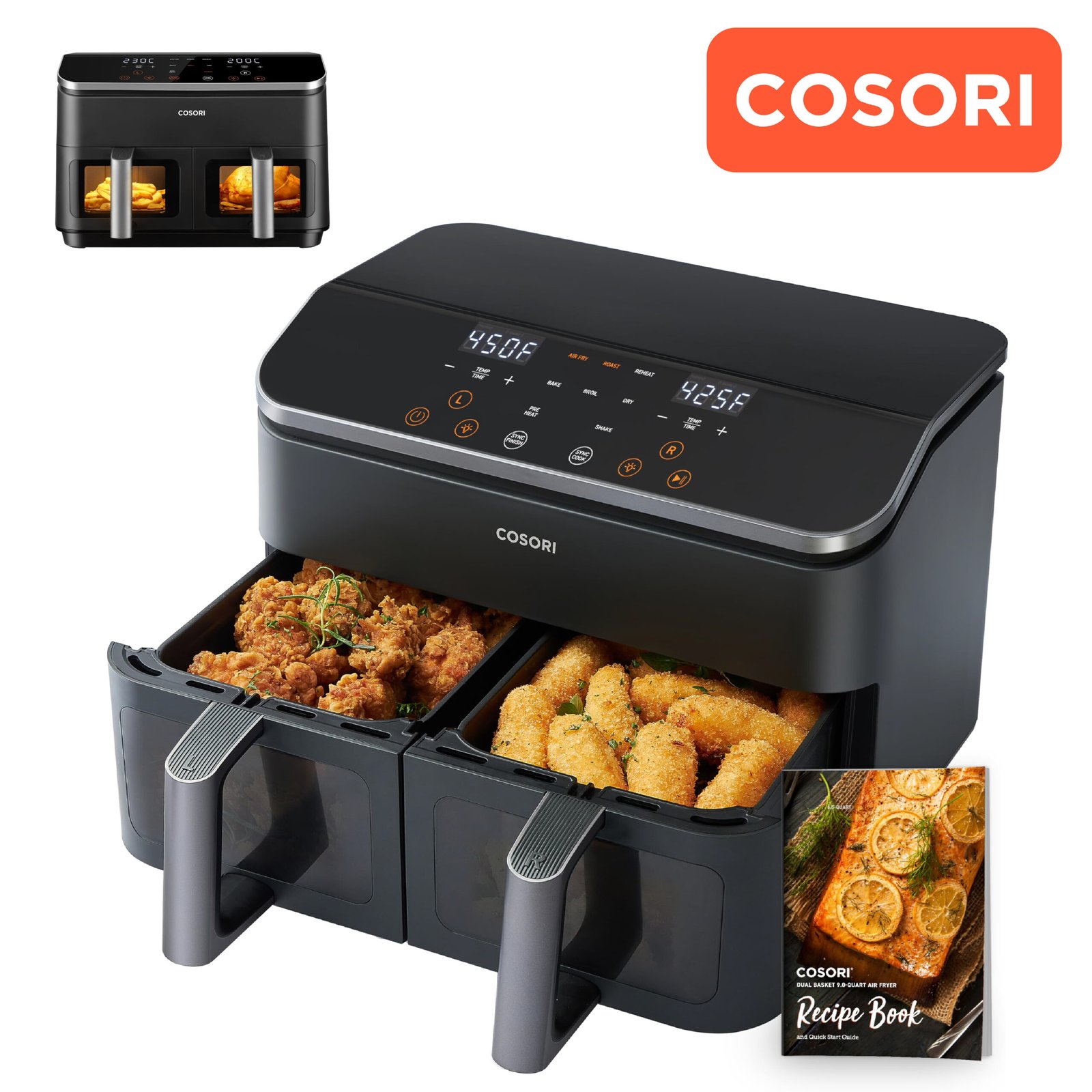 COSORI Air Fryer 2 Compartiments 8.5L, 8-en-1 Airfryer Friteuse Sans Huile, 71% D'efficacité énergétique, 85% de Carburant En Moins, 55% Plus Rapide, 8 Portions, Va au Lave-vaisselle, Noir