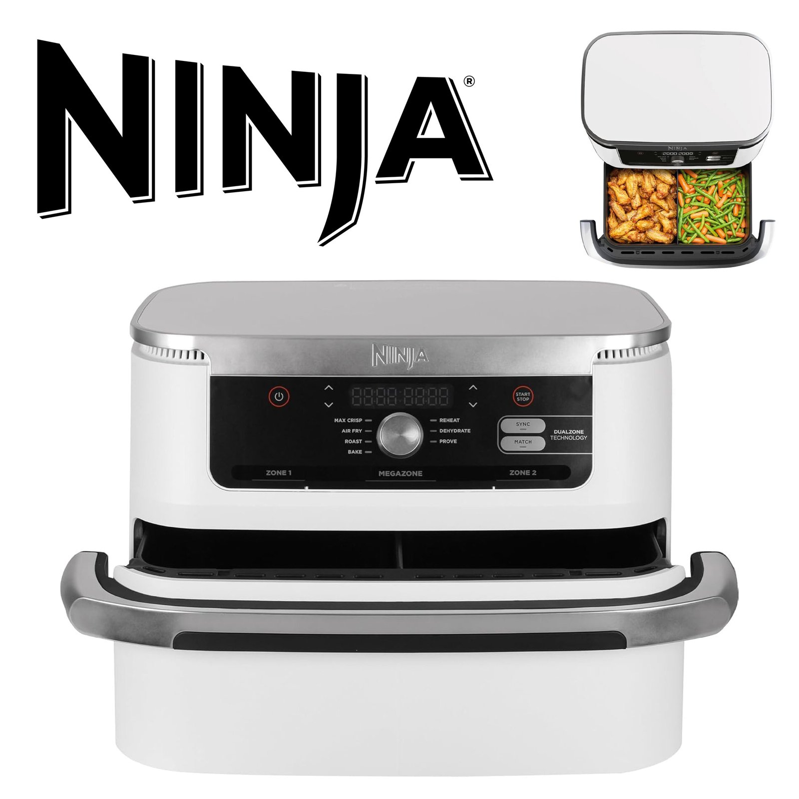 Ninja Foodi FlexDrawer Air Fryer, Dual Zone Avec Séparateur Amovible, Grand Tiroir de 10.4 L, 7-en-1, Double Zone, Sans Huile, Pièces Antiadhésives Compatibles Au Lave-Vaisselle, Blanc AF500EUWH