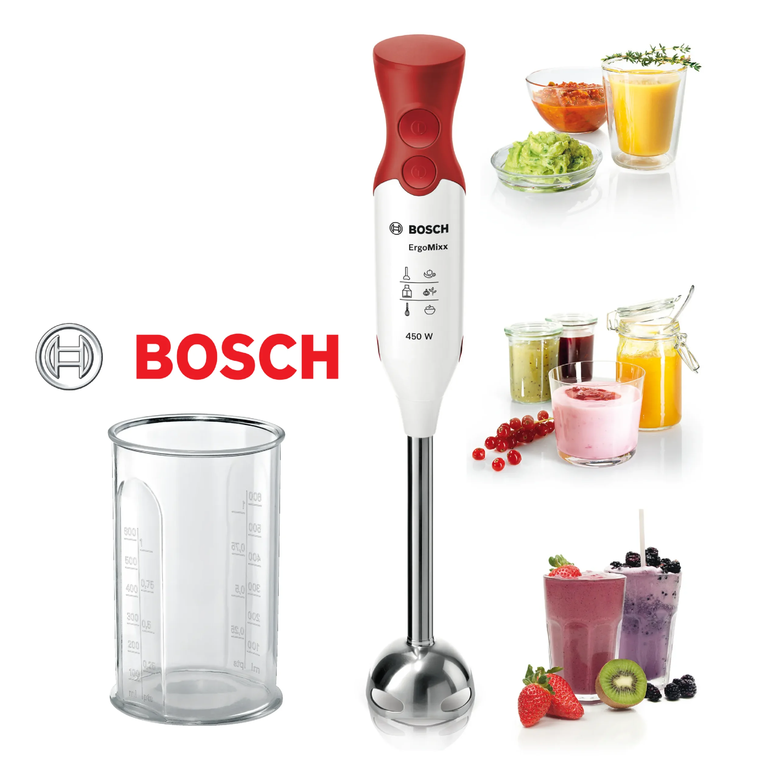 Bosch MSM64110 Mixeur Plongeant - Mixeur à main puissant 450 W - Pied mélangeur amovible en métal - Système anti-éclaboussures - Avec Accessoires - Rouge/Blanc