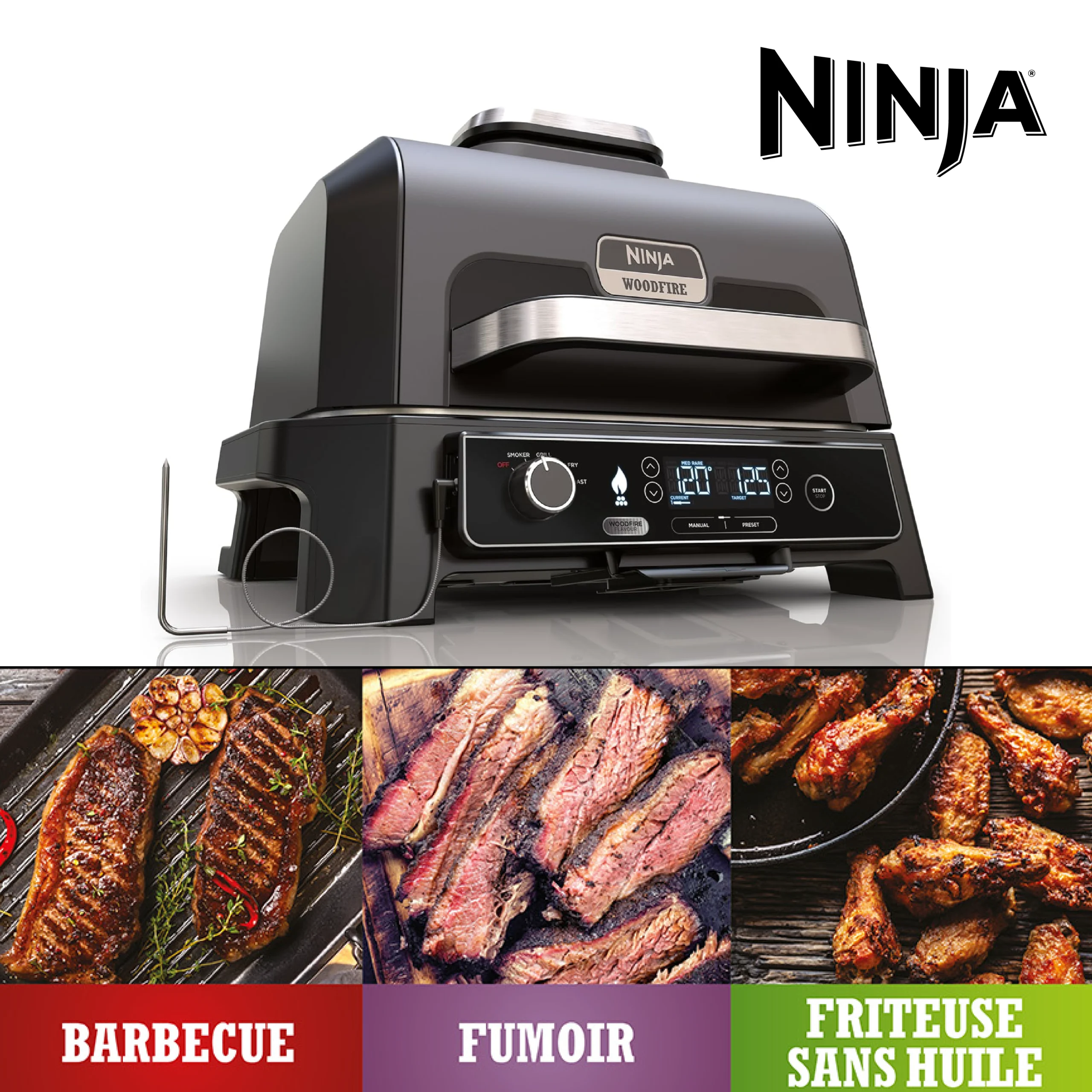 Ninja Woodfire Barbecue électrique et fumoir Pro XL avec thermomètre, barbecue et Air fryer d'extérieur 4-en-1 avec système Smart Cook et granulés Woodfire, portatif, gris/noir, OG850EU