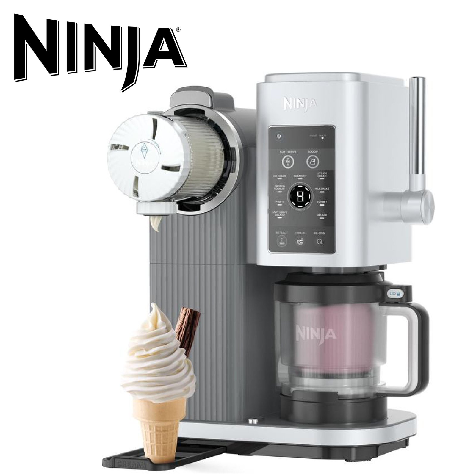 NINJA CREAMi Scoop & Swirl Machine a Glace et Sorbetière, 13 modes, Machine a glaces l’italienne Intégré, Avec 2 pots, Pièces Amovibles Lavables au Lave-Vaisselle, Gris platine NC701EU