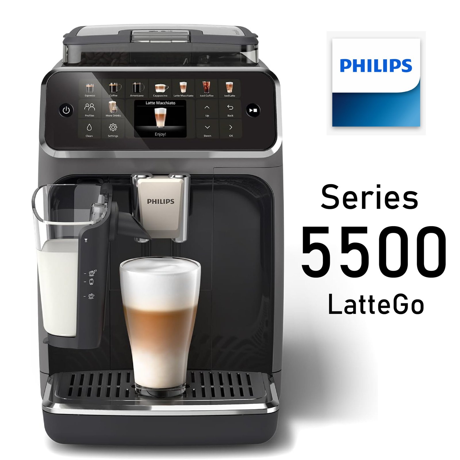 Philips Machine à Expresso Entièrement Automatique 5500 Series – 20 Boissons Chaudes et Glacées, Carafe à Lait LatteGo Facile à Nettoyer, SilentBrew 40% plus Silencieuse, QuickStart, Gris (EP5544/50)