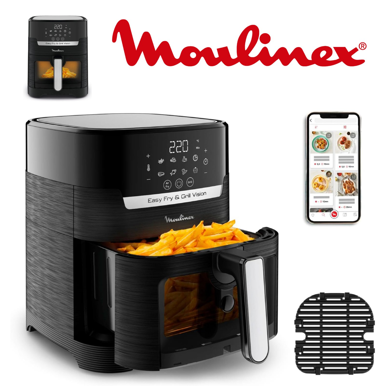 Marque Moulinex Numéro de modèle EZ506820 Couleur Noir Dimensions du produit (L x l x h) 39,8 x 31,4 x 37 cm; 5,2 kilogrammes Capacité 4,6 Litres Puissance 1550 Watts Voltage 2.2E+2 Volts (courant alternatif) Matériau se référer à la fiche constructeur Caractéristiques Contrôle de température, Minuterie Poids de l'article 5,2 Kilograms Disponibilité des pièces détachées 15 Ans