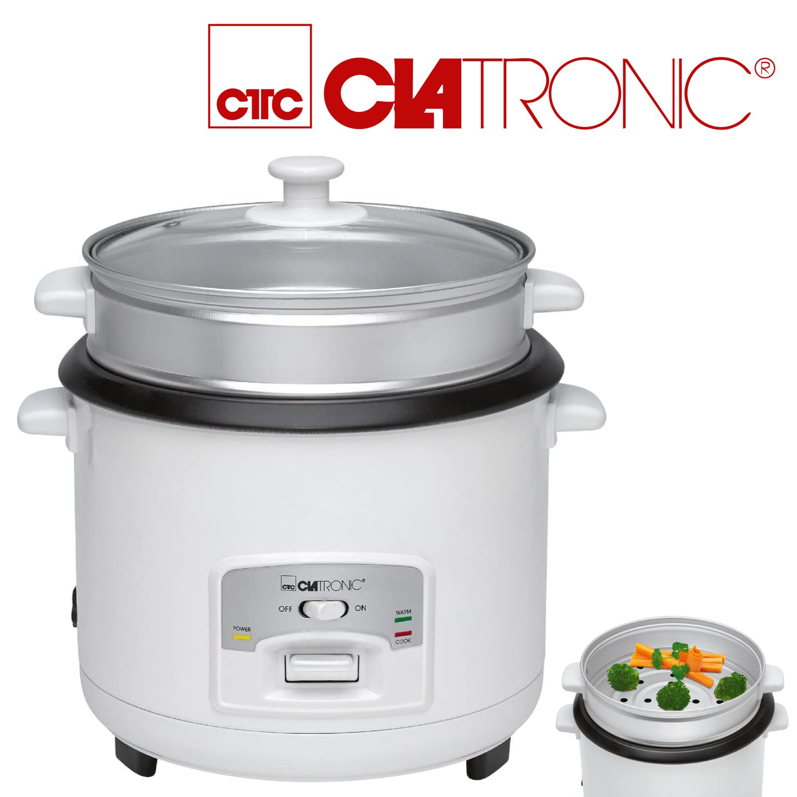 Clatronic Appareil Électroménager 2 en 1 - Cuiseur Riz à Revêtement Anti-adhesif - Cuiseur à Vapeur - Avec Panier à Étuver en Aluminium - RK 3566 Blanc