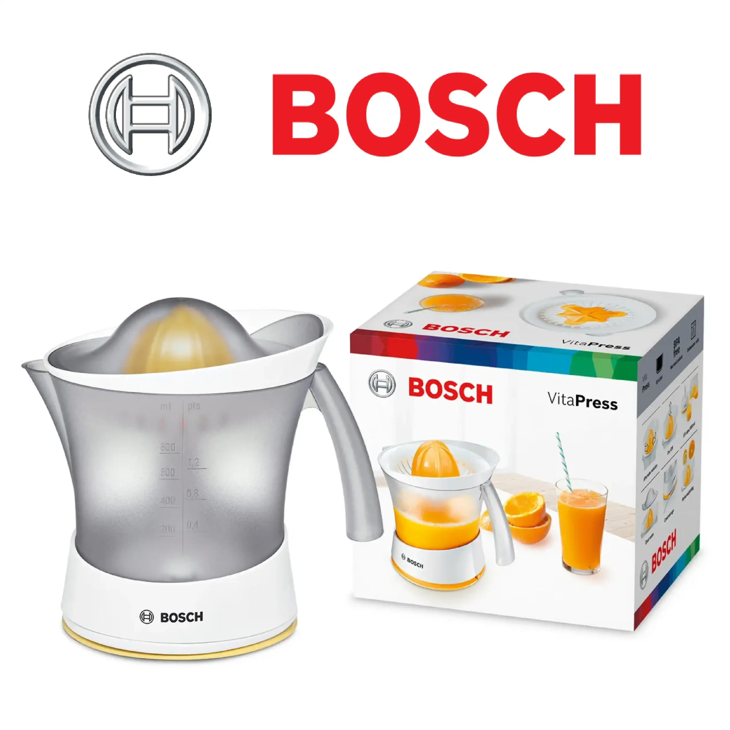 Bosch VitaPress MCP3000N Presse-Agrume avec grand réservoir amovible de 800 ml Excellente extraction du jus Sans BPA Couleur : Blanc/Jaune