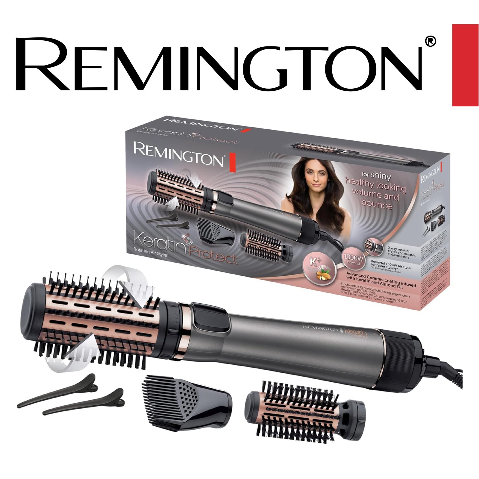 Remington Brosse Soufflante Rotative automatique [Soin kératine & huile d'amande] Keratin Protect (1000W, Céramique, Température variable, 3 accessoires: 2 brosses rondes 40 & 50mm + de Volume) AS8811