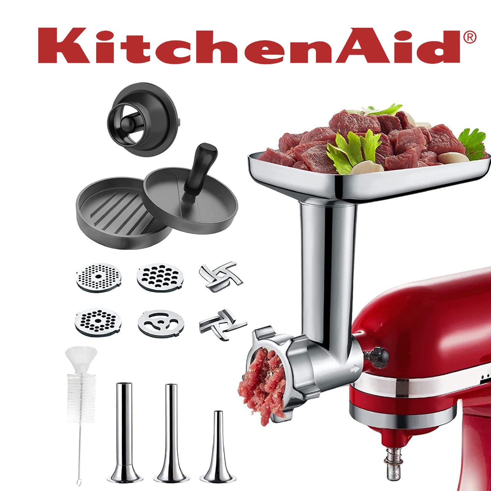 KitchenAid Accessoires - Hachoir à Viande - Poussoir à Saucisse Inclut - Hachoir à Légume - 5KSMMGA