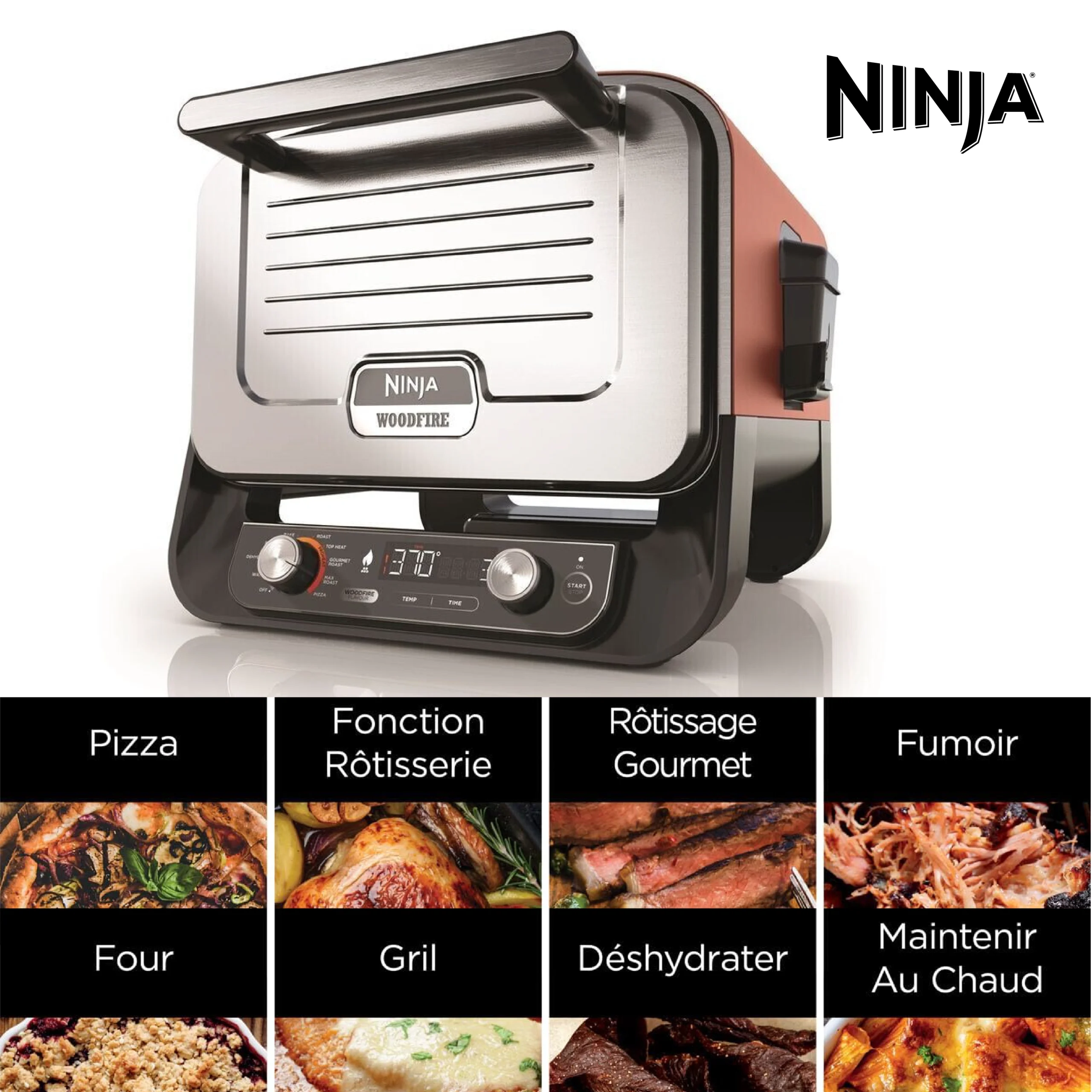 Ninja Woodfire Four à pizza extérieur électrique 8-en-1, rotissoire & fumoir barbecue avec grille, plaque pro-heat, pierre à pizza, granulés de bois et pelle, 6 réglages, orange foncé OO101EU