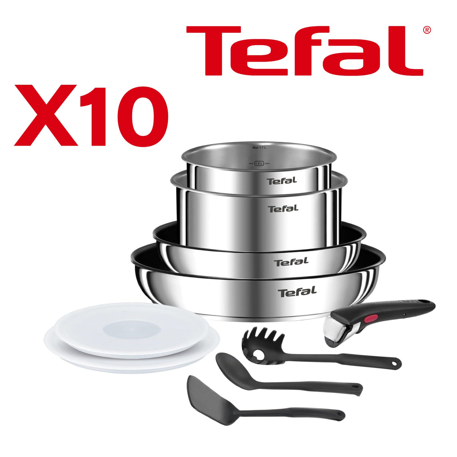 Tefal Ingenio Batterie de cuisine 10 pcs, Poêles, Casseroles, Couvercles hermétiques, Poignée amovible, Induction, Acier inoxydable, Empilable, Antiadhésif, Compatible lave-vaisselle, Emotion L8971S04