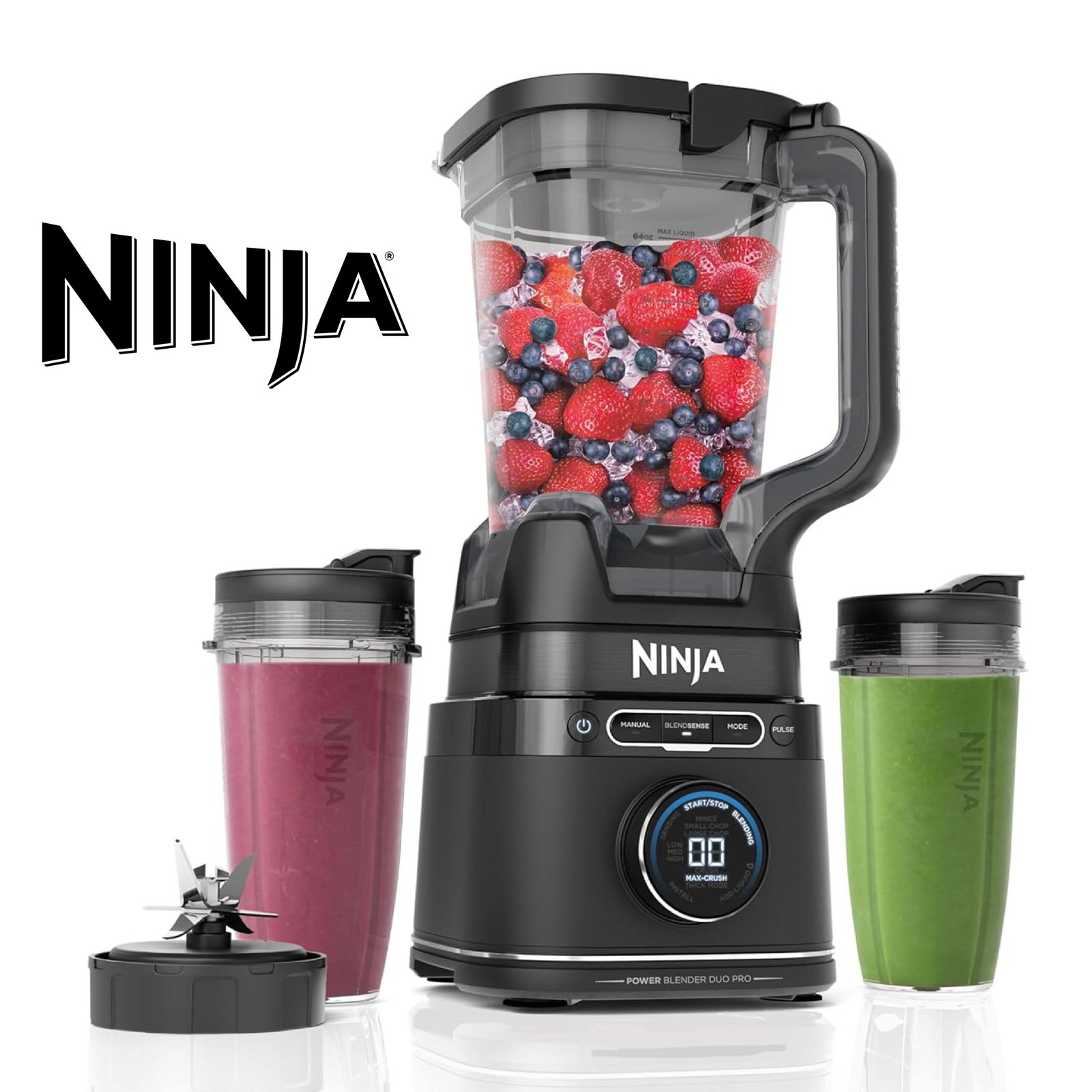Ninja Detect Power Blender Pro & Single Serve 2-en-1, mixeur 1200W avec récipient 2L, 2 gobelets individuels, mixeur pour smoothies et boissons glacées, hachage de légumes, noir, TB301EU
