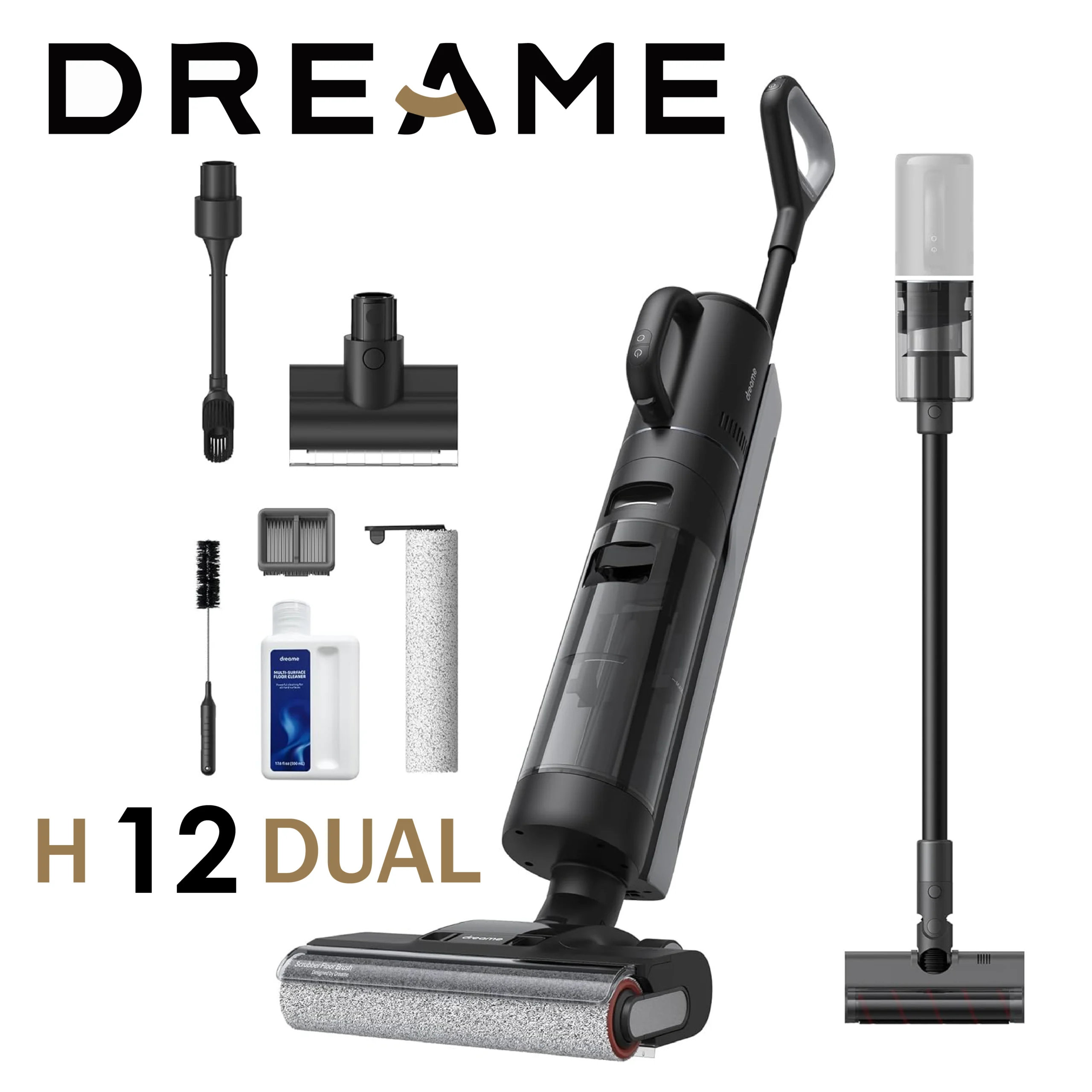 DREAME H12 Dual Aspirateur Nettoyage Intelligent Aspiration Humide Sèche, Aspirateur sans Fil 4 en 1 Multi Surfaces, Auto Nettoyage en Une étape à air Chaud, Nettoyage des Bords, Contrôle Vocal