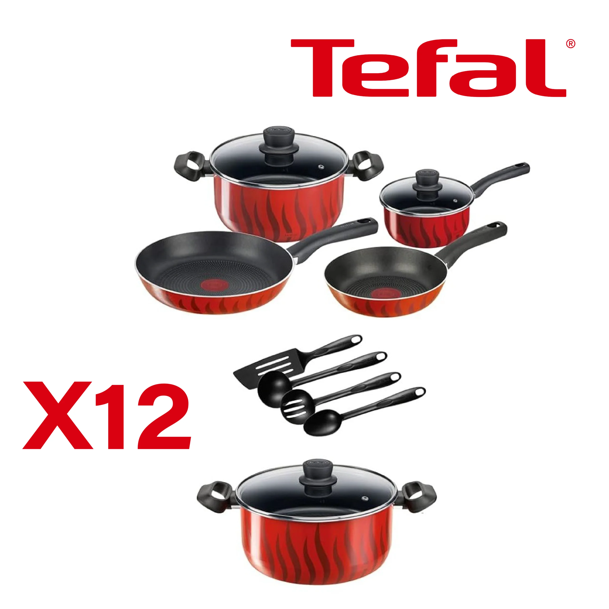 TEFAL Cookware Set G6 Tempo Flame 12 Pcs Cooking Set Red Aluminium C3079282
