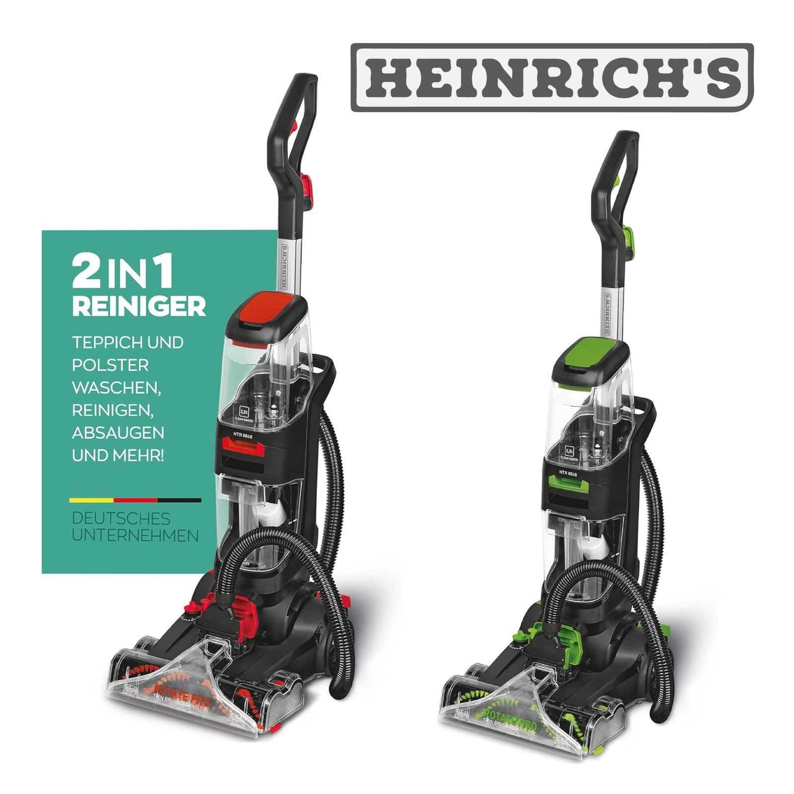 HEINRICHS Nettoyeur de Tapis, 2in-1 nettoyant pour tapis et tissus d’ameublement 800W HTR 8848