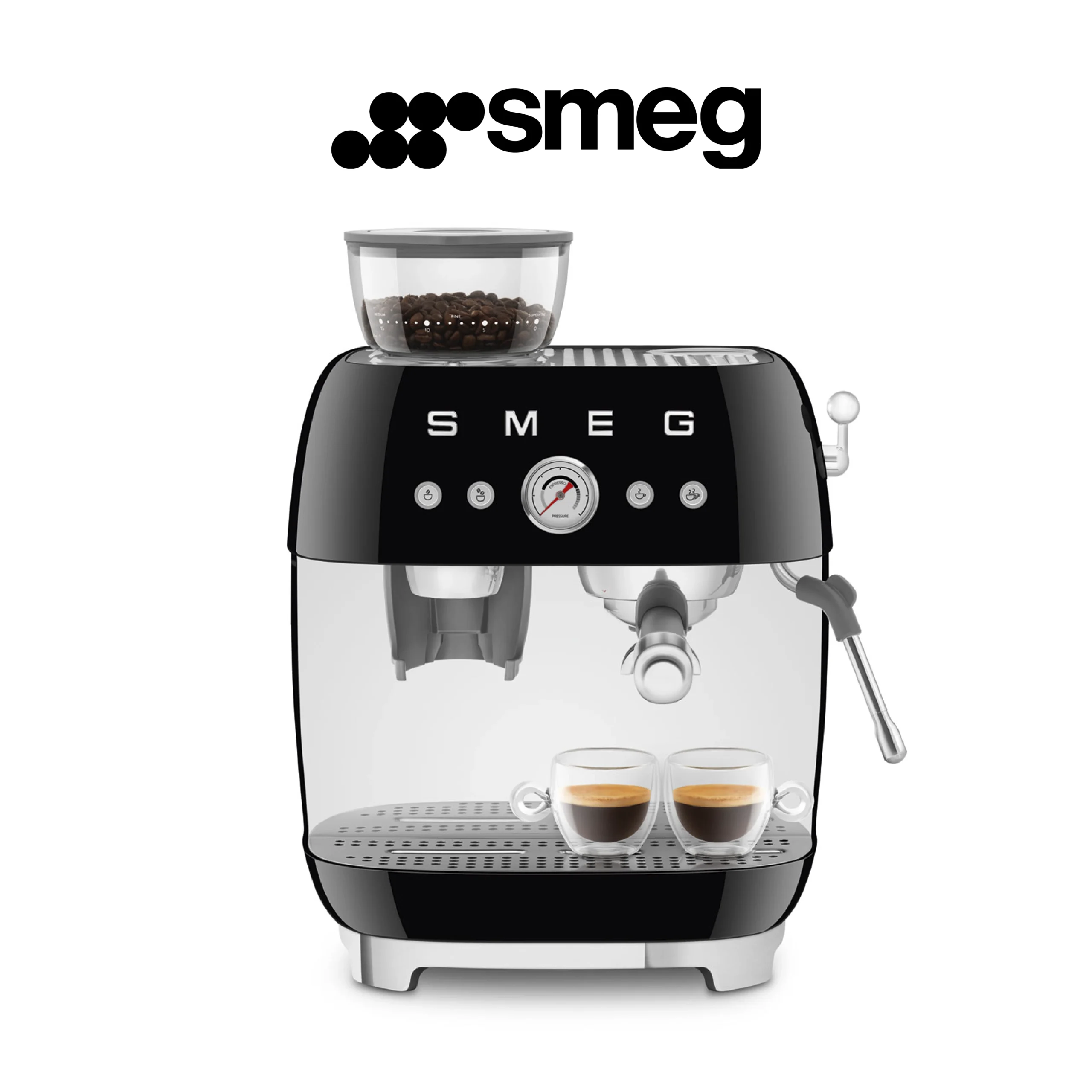 Smeg, Machine à Café Expresso Manuelle EGF03BLEU, avec Broyeur à Grain Intégré, Thermoblock, 4 Niveaux de Température, Buse Vapeur et Manomètre, Réservoir 1 L, Dimensions Compactes, 1350W, Noir