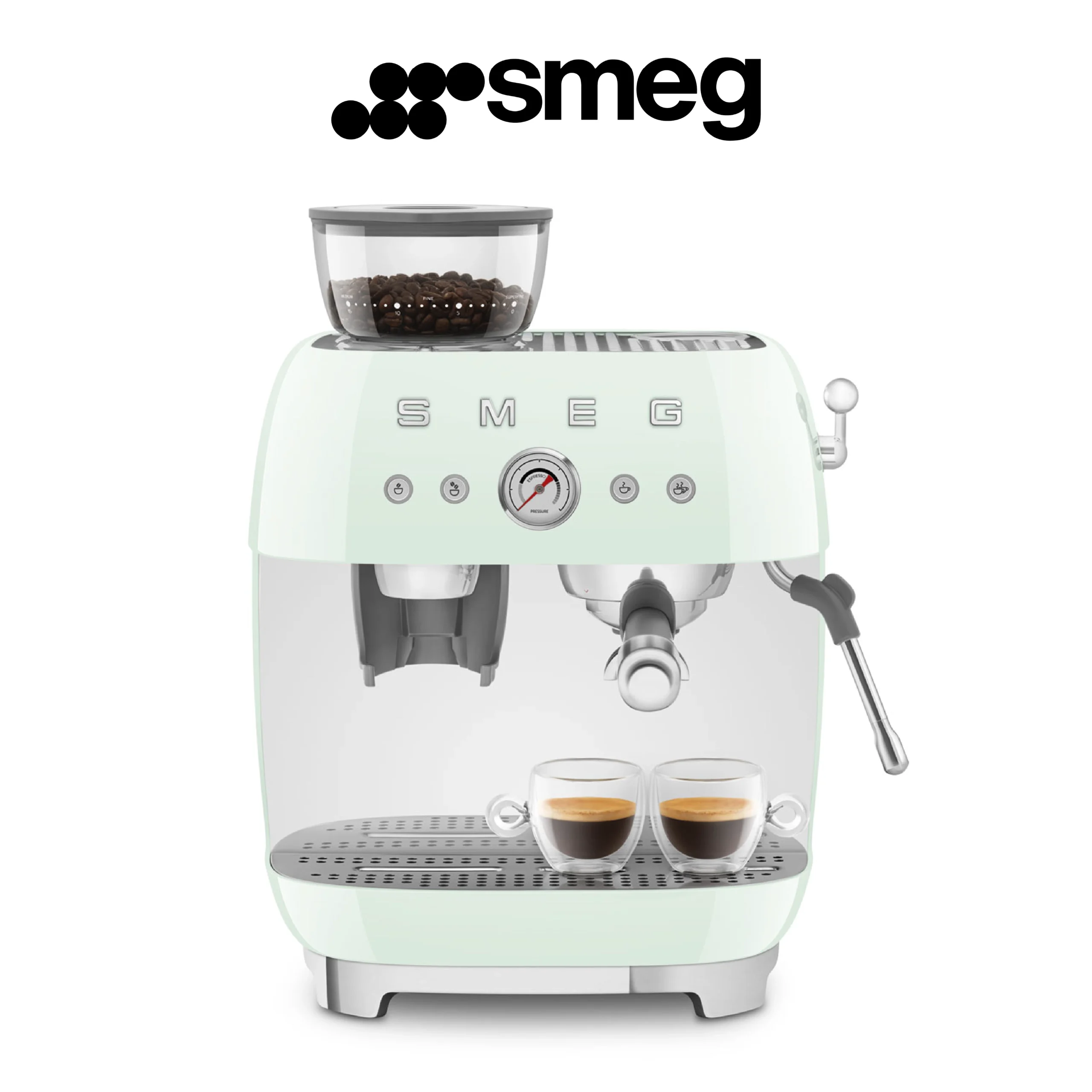 Smeg, Machine à Café Expresso Manuelle EGF03PGEU, avec Broyeur à Grain Intégré, Thermoblock, 4 Niveaux de Température, Buse Vapeur et Manomètre, Réservoir 1 L, Dimensions Compactes, 1350W, Vert d'eau