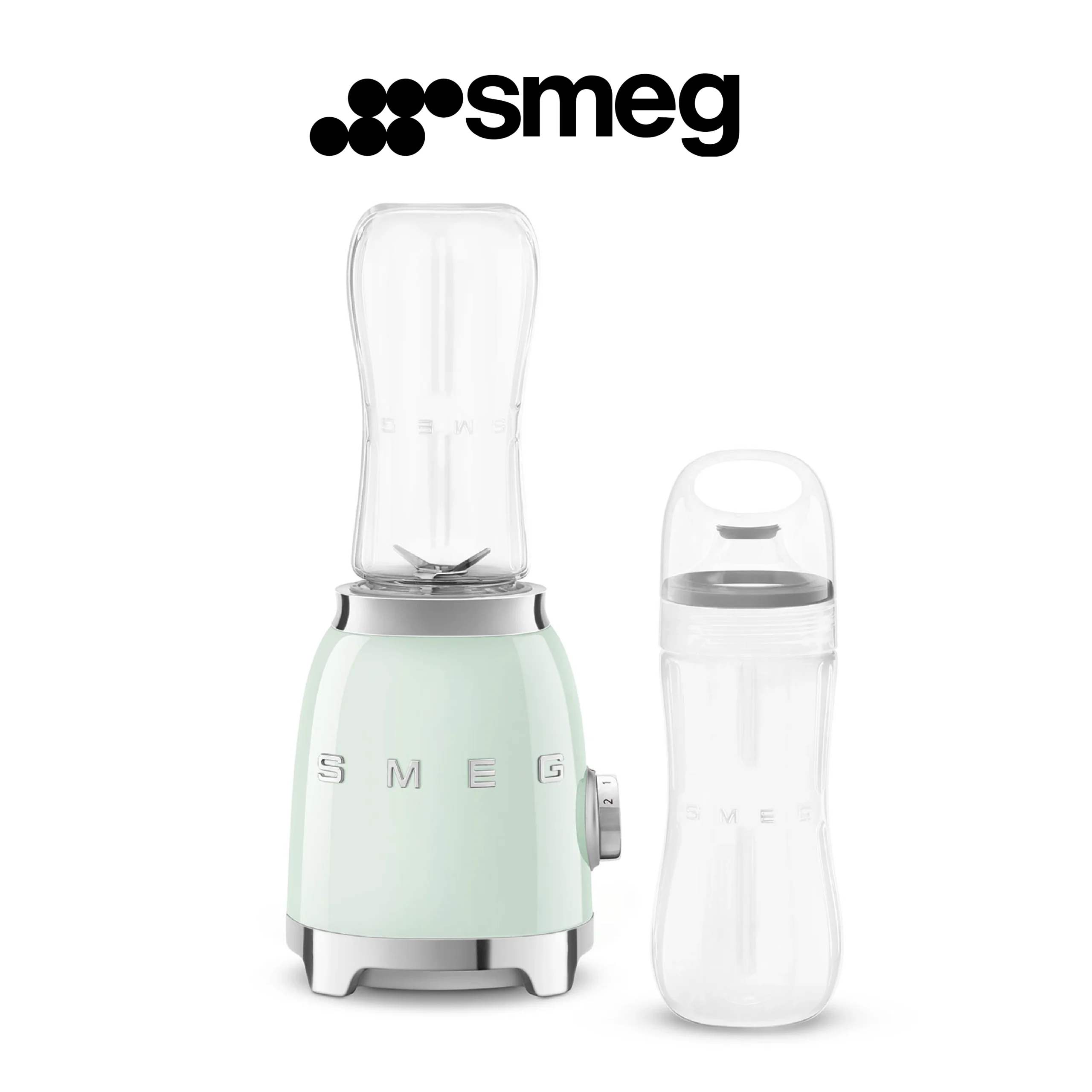 Smeg, Mini-blender Compact PBF01PGEU, 2 Niveaux de Vitesse, Blocage Moteur de Sécurité, 2 bouteilles de 600 ml Fournies, Base Antidérapante, Range cordon Intégré, 300W, Vert d'Eau