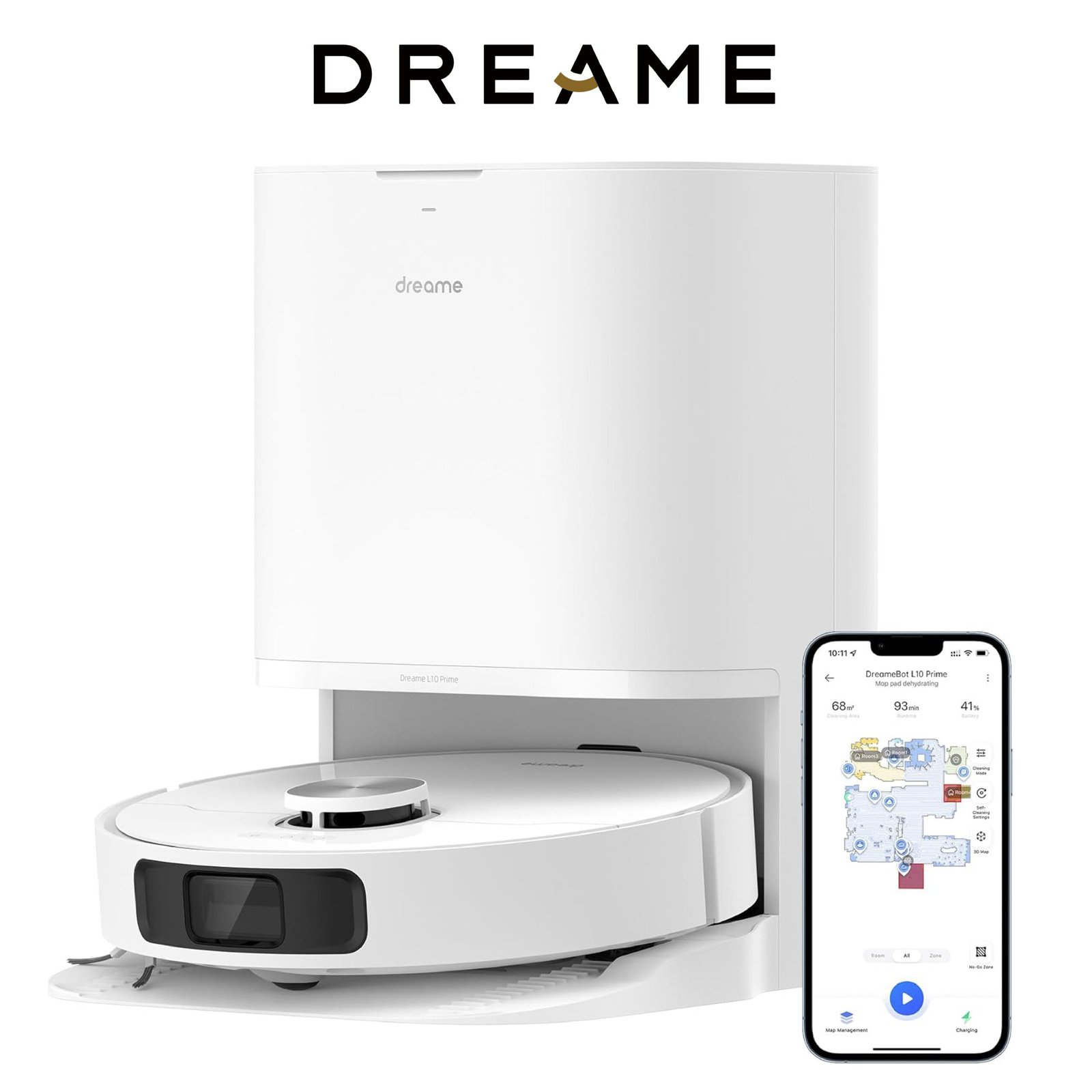 DREAME L10 Prime Robot Aspirateur Laveur avec Ascenseur de Serpillière de 7mm, Nettoyage Automatique, Navigation LDS, Cartographie 3D, 4000Pa d'Aspiration, WiFi/APP/Alexa pour Poils Animaux, Tapis