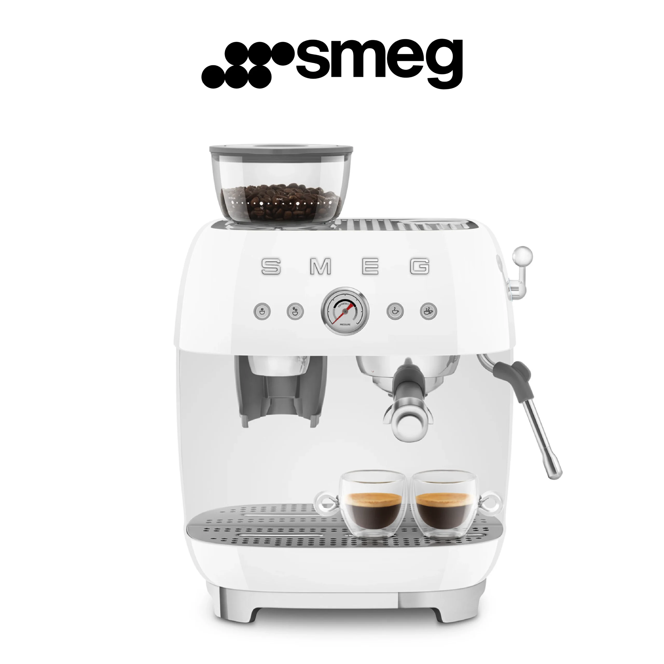 Smeg, Machine à Café Expresso Manuelle EGF03WHEU, avec Broyeur à Grain Intégré, Thermoblock, 4 Niveaux de Température, Buse Vapeur et Manomètre, Réservoir 1 L, Dimensions Compactes, 1350W, Blanc