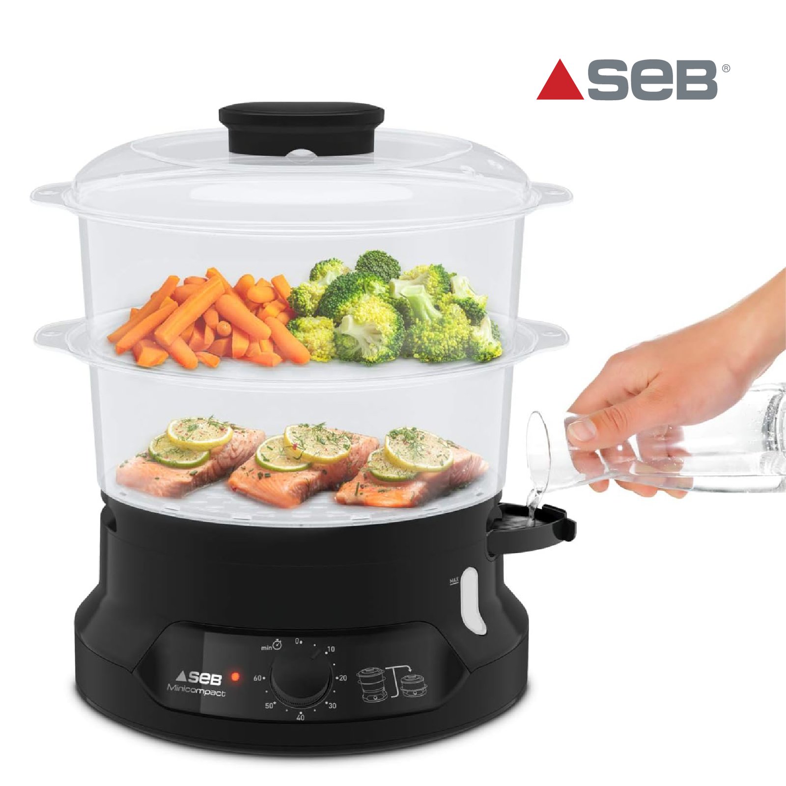 Seb Minicompact Cuiseur vapeur, Cuisson saine, 6 L, 800 W, 2 bols empilables, Bac à riz et céréales, Minuteur 60 min, Arrêt automatique, Niveau d'eau visible, Facile à ranger VC139800